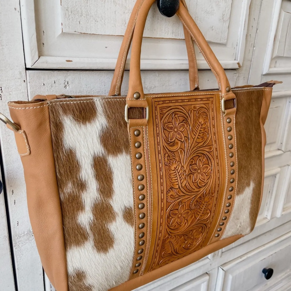 Boho Ranch Shop Tan and Brown Leather Tote Bag